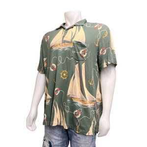 Vintage RARE Polo Ralph Lauren Gauze All Over Sailboat Sage Green Nautical Polo